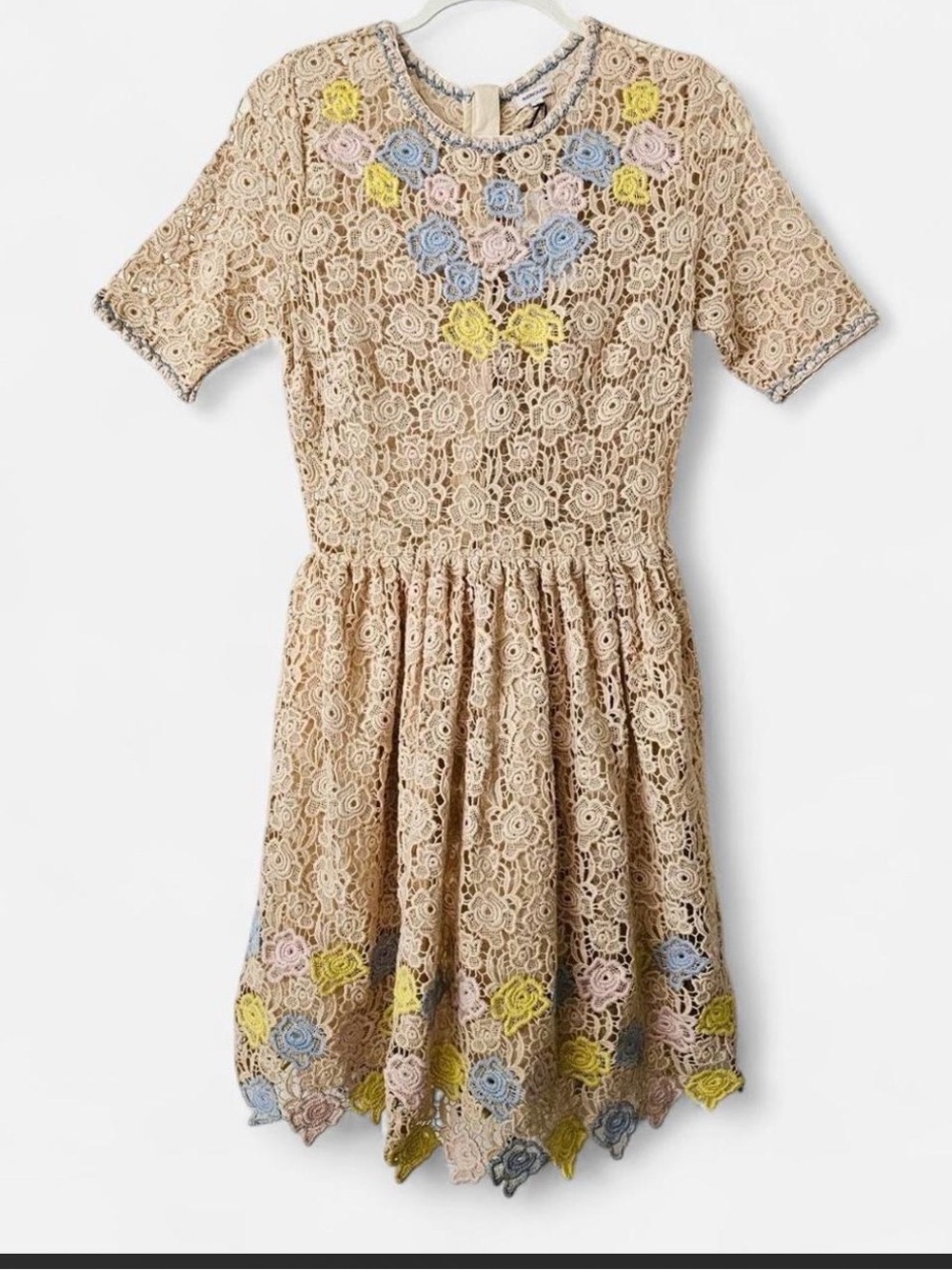 Anthropologie Manoush Robe Roses Ecru Crochet Zip Cocktail Dress Sz 40